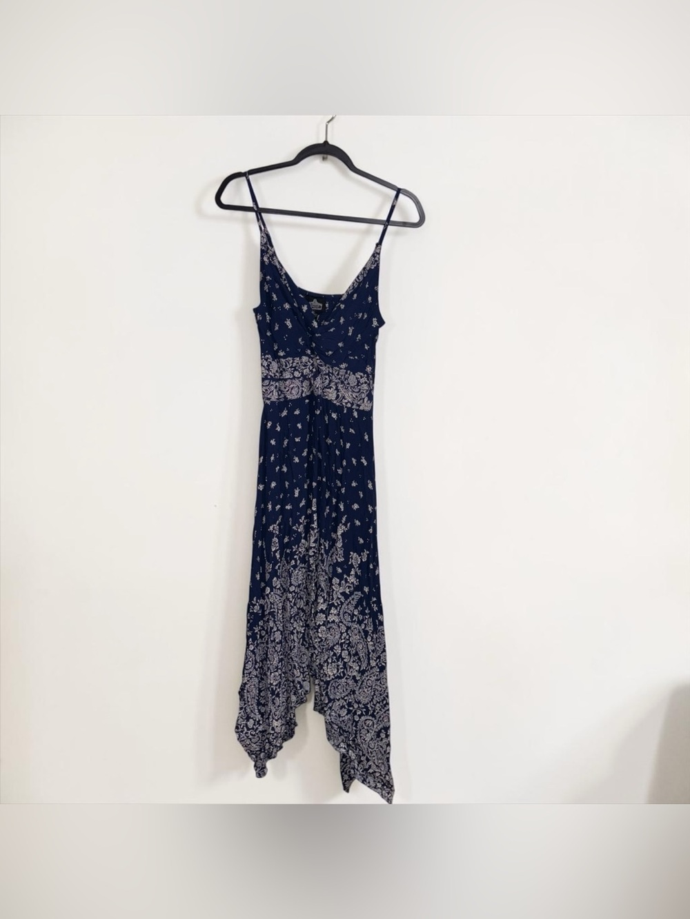 Angie Navy Blue Floral Asymmetrical Handkerchief Dress